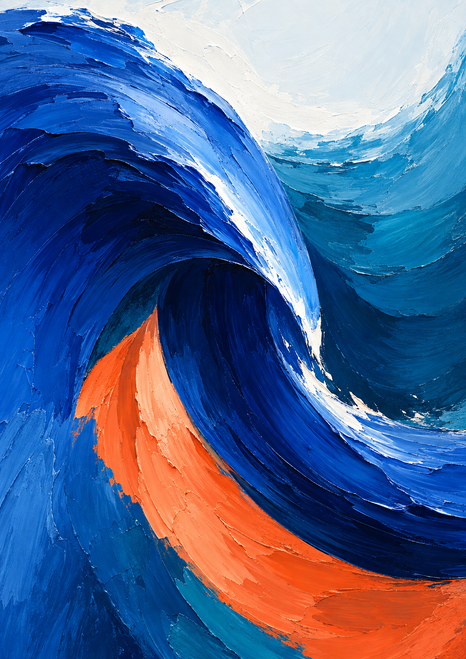 Cobalt-blue wave curling over a coral-orange fold, with white highlights, pale sky and blue-green water.