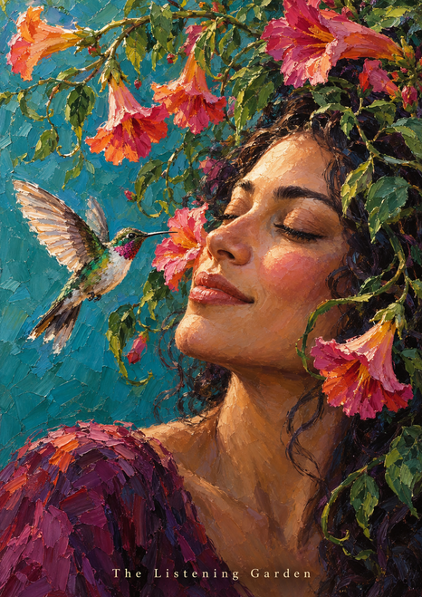 Close portrait of a person with closed eyes beside a hovering hummingbird, framed by bright flowers and green vines on teal.