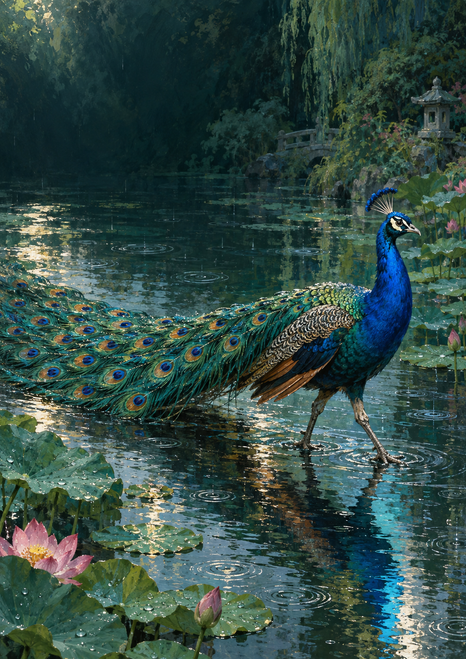 A blue peacock walks through a rain-rippled teal garden pool, its folded train trailing past lotus leaves, with a bridge and lantern in the distance.