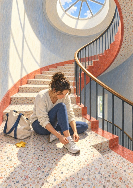 An adult woman sits on terrazzo stairs tying a light-colored sneaker, with a canvas tote and yellow leaf beside her under a circular skylight.