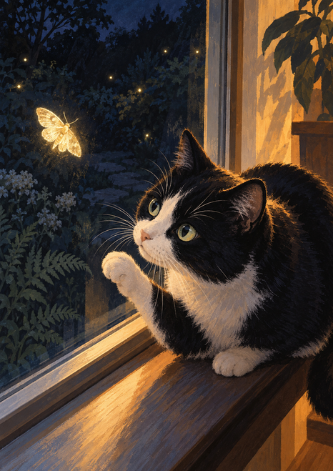 Black-and-white cat crouching on a wooden windowsill and reaching toward a glowing moth against an indigo night garden.