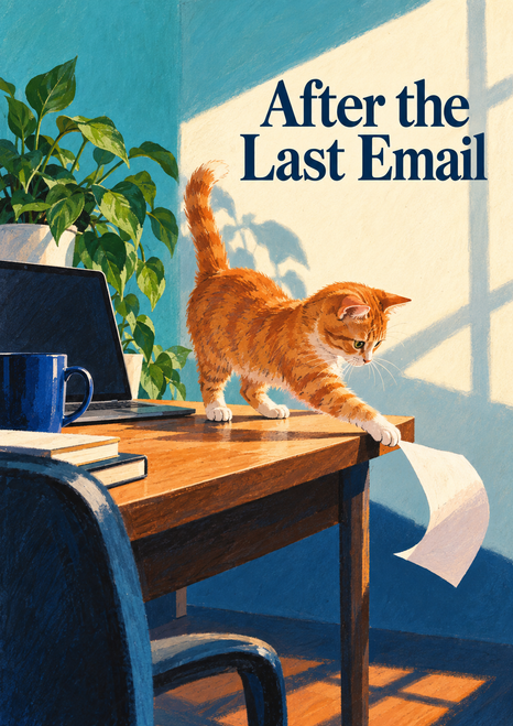 Orange cat reaching toward curled paper at a desk, with a laptop, blue mug, books, plant and the title “After the Last Email.”