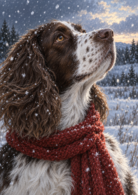 Liver-and-white, spaniel-like dog with raised muzzle and red knitted scarf, framed by falling snow and distant evergreens.
