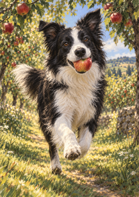 Black-and-white collie-type dog runs toward the viewer carrying a red apple in a leafy orchard.