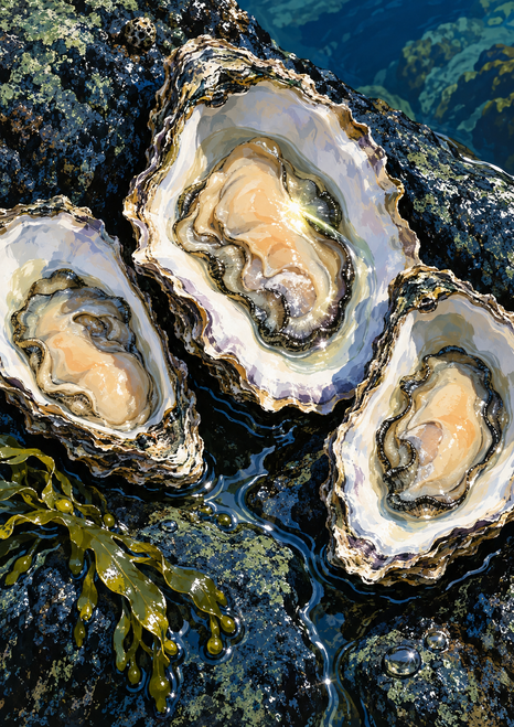 Three open oysters rest on wet, dark blue rock, with seaweed and water reflections around the shells.