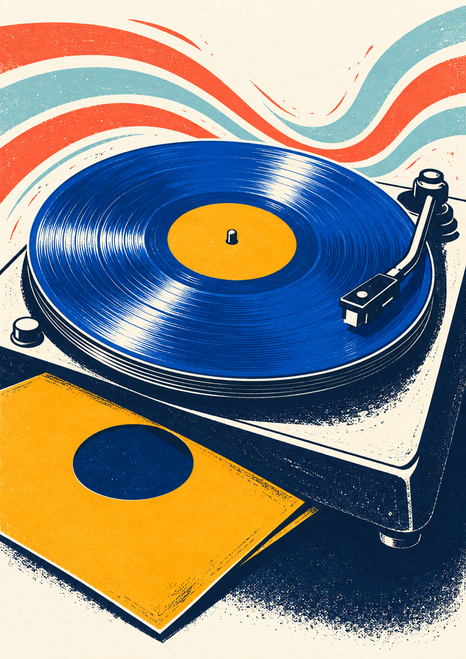Cobalt-blue vinyl record on a compact turntable with an orange sleeve and sweeping coral and pale-aqua motion bands.