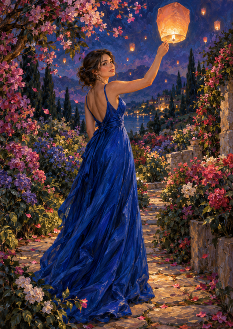 A woman in a cobalt-blue gown raises a glowing lantern on a flower-lined garden path beneath flowering branches.