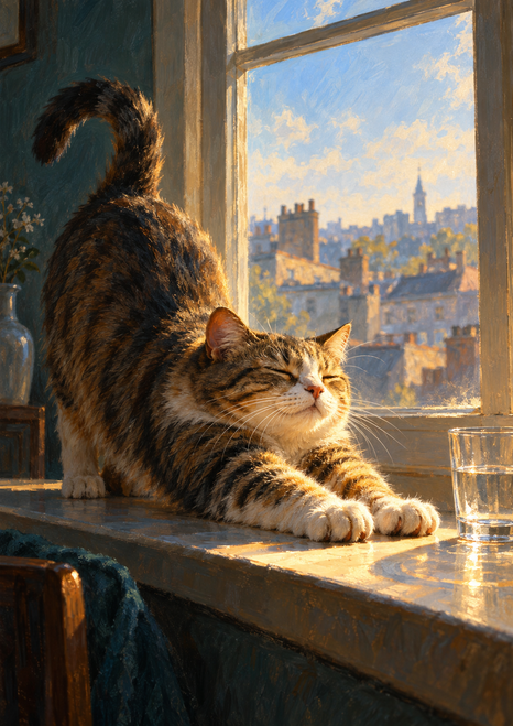 Painterly tabby cat stretching on a sunlit windowsill beside a glass of water, with a bright city view beyond the tall window.