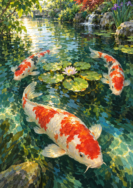 Three red-and-white koi circle among lily pads and a pink water lily in a sunlit garden pond with rocks and a small waterfall.