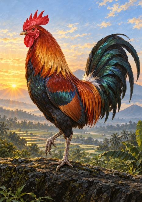 Red-and-copper rooster with a high arcing teal tail on a rocky ledge at sunrise, with terraced fields and distant hills.