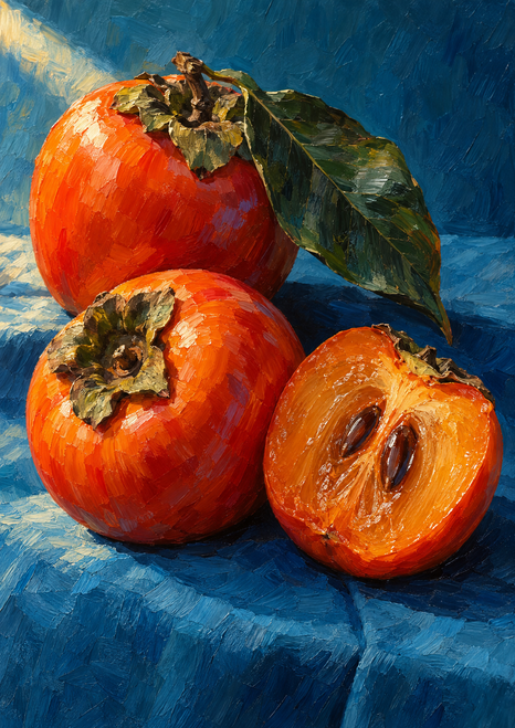 Three orange-red persimmons on a blue background, including a cut half with dark seeds, with a green leaf across the upper fruit.