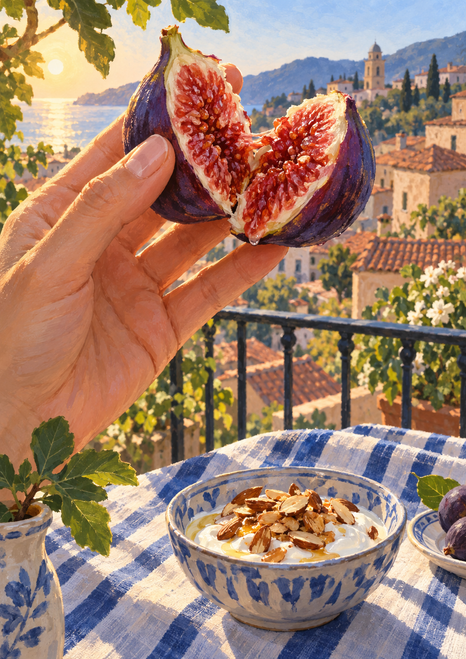 Hand opening a ripe purple fig above yogurt and toasted almonds at a balcony table with sunlit rooftops beyond.
