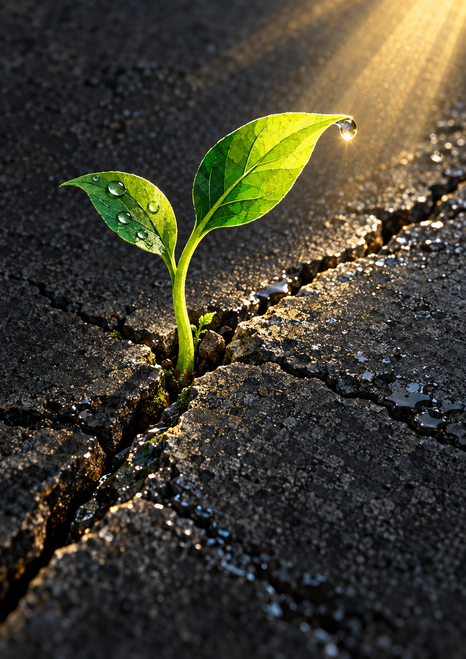 Green two-leaved seedling rising from a wet diagonal crack in charcoal stone, lit by a golden beam.