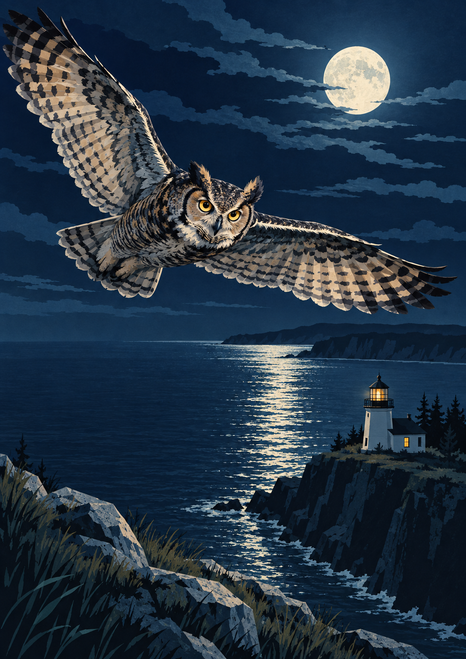 Large horned owl gliding over a dark coastal headland and moonlit sea, with a full moon and illuminated lighthouse.