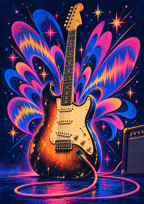 Upright electric guitar surrounded by colorful sound-wave petals and starbursts, with a looping cable and small amplifier.