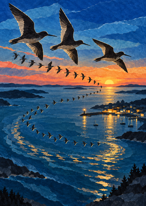 A looping flock of dark shorebirds flies over blue water toward a small harbor glowing at sunset, with golden reflections and a pier beacon.