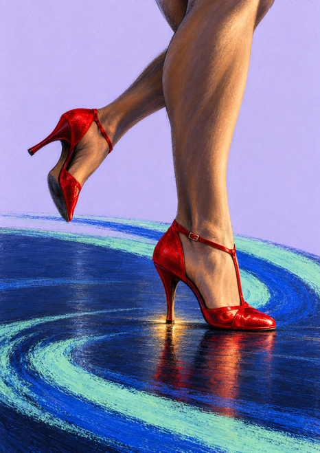 Dancer’s crossed lower legs in red heeled shoes, one grounded and one lifted, above a dark blue floor with mint and cobalt arcs.
