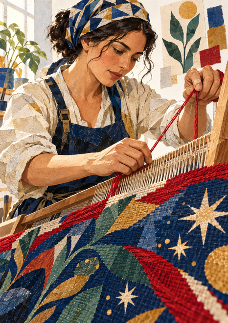 Adult woman in patterned work clothes and a geometric headscarf guiding red thread through a colorful tapestry on a wooden loom.