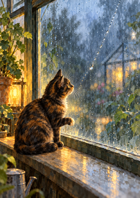 Mottled tortoiseshell cat with one paw raised on a wooden ledge, watching raindrops on a greenhouse window.