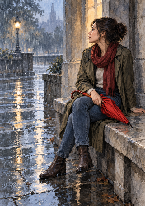A woman in an olive coat and red scarf sits on a stone bench with a closed red umbrella beside a lamplit, rain-soaked street.