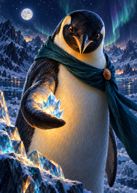 A scarf-wearing emperor penguin presents a glowing blue crystal against moonlit snowy mountains and aurora.