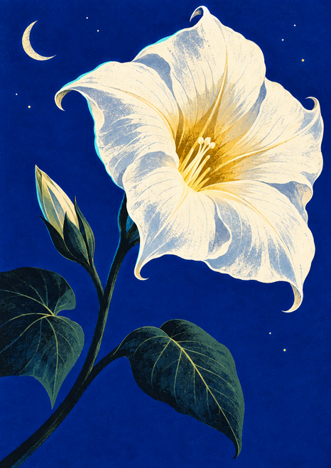 Large white trumpet-shaped moonflower with a golden center, pointed bud, dark leafy stem, crescent moon, and sparse dots against a blue sky.