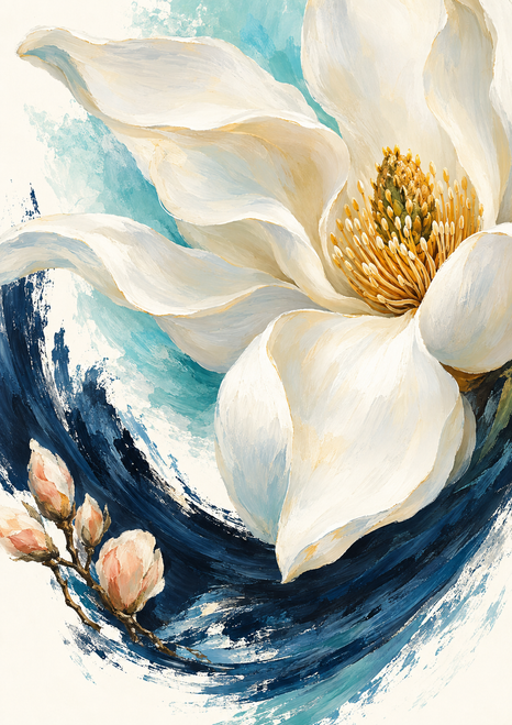 Large white magnolia with a golden center above a curved indigo brushstroke and coral-pink buds on a pale aqua background.