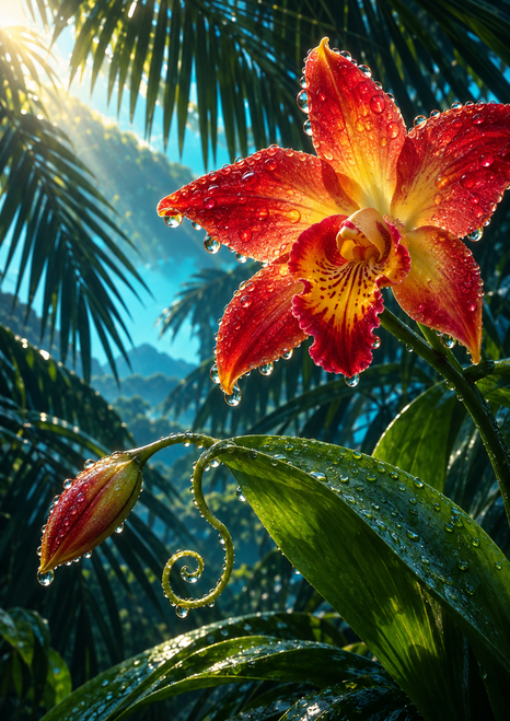 Scarlet-and-gold orchid with rain droplets, a closed bud, glossy leaves, and palm fronds against turquoise sky.