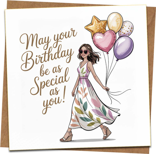 Birthday Card for Her – Woman with Balloons, Stylish Square Greeting, 145mm x 145mm, Blank Inside, Includes Kraft Envelope – For Wife, Girlfriend, Friend, Sister, Daughter