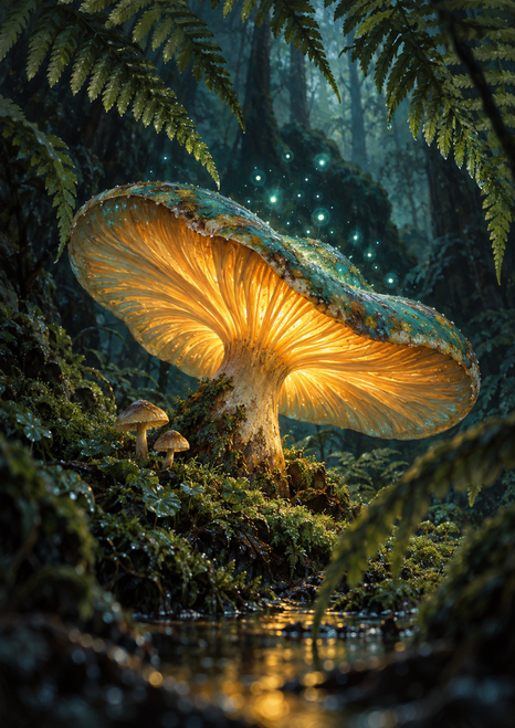 Large amber-gilled mushroom glowing beneath fern-like foliage, with moss, smaller mushrooms, blue-green lights and a stream.