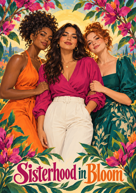 Three women in orange, magenta and teal stand together amid colorful flowering branches beneath the title Sisterhood in Bloom.