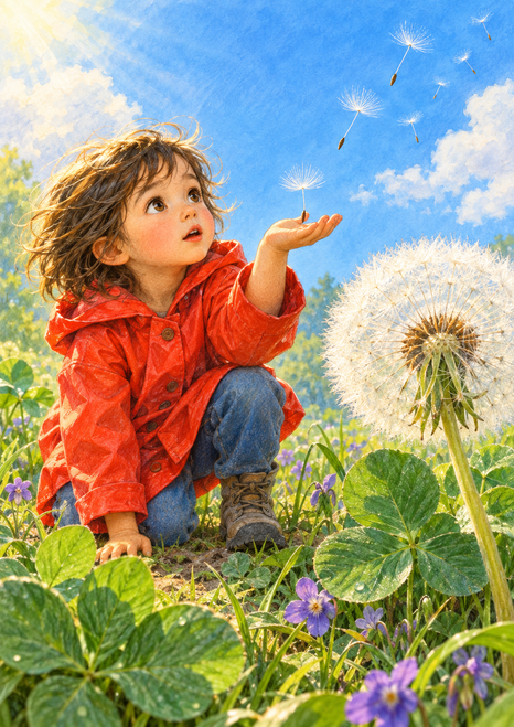A child in a red-orange coat crouches beside a large dandelion as seeds drift above an open palm.