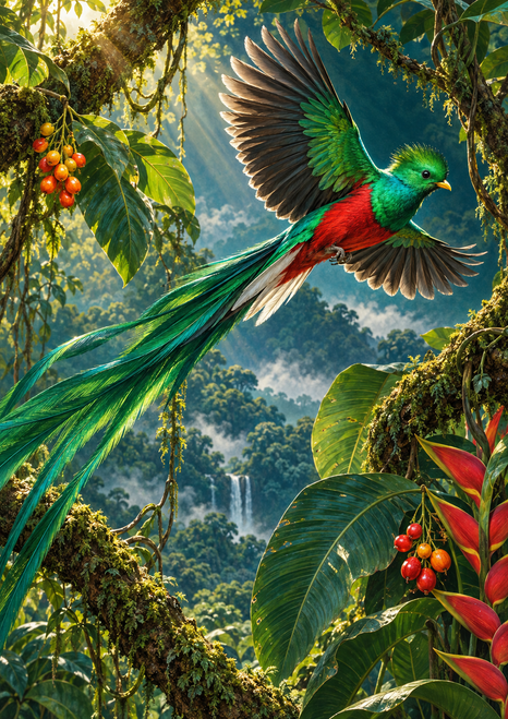 Long-tailed green-and-red bird in flight among tropical foliage, vines, and orange-red fruit clusters.