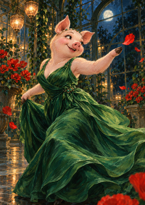 Smiling pale-pink sow in a flowing deep-green gown reaches toward a red poppy petal in a glass conservatory.