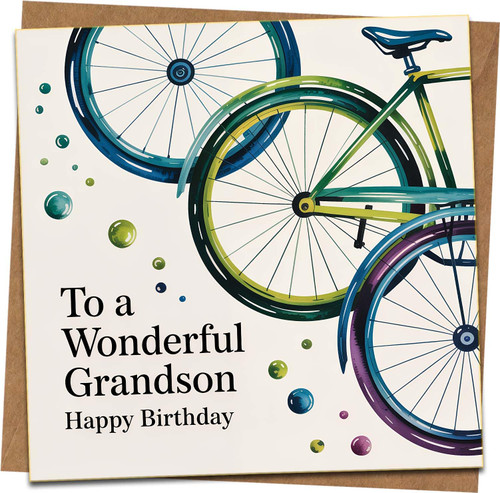 Grandson Birthday Card – To a Wonderful Grandson – Bicycle Design – 145mm x 145mm Square Greeting Card with Kraft Envelope