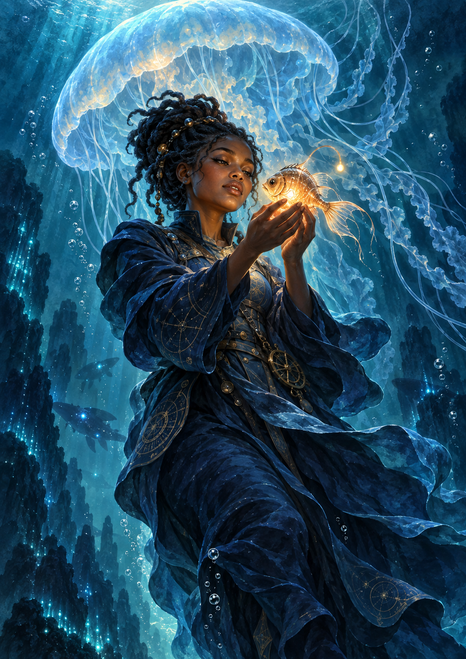 Adult woman in flowing indigo clothing cradles a glowing golden fish underwater, with a large translucent jellyfish behind her.
