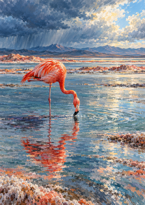 Coral-red flamingo standing in rippled turquoise water, reflected beneath indigo storm clouds and layered mineral ridges.