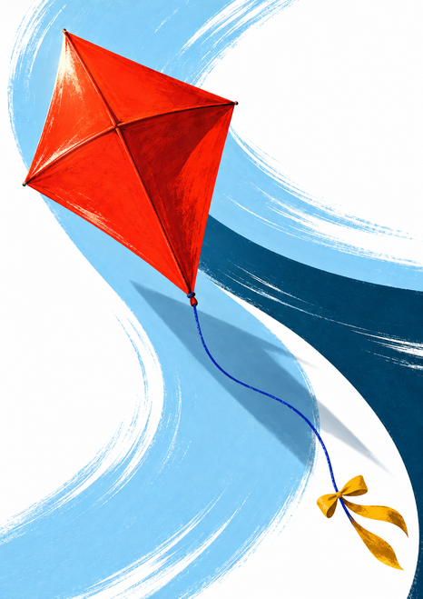 Red-orange diamond kite with a curved blue string and golden bow against sweeping pale-blue and deep-teal shapes.