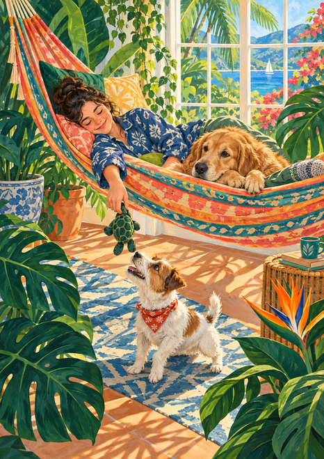Adult lounging in a patterned hammock with a golden dog and terrier in a bright tropical sunroom.