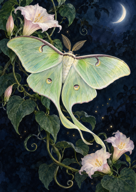 Pale green luna moth with open wings among flowering vines beneath a crescent moon.