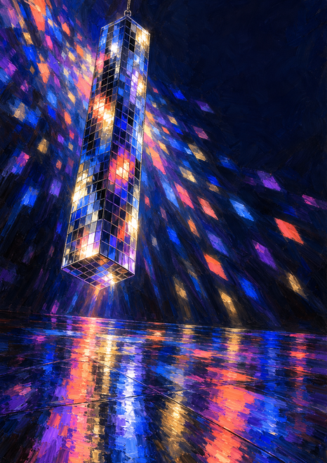 Tall mirrored-tile column scatters diagonal bursts of colored light over a glossy midnight-blue dance floor.