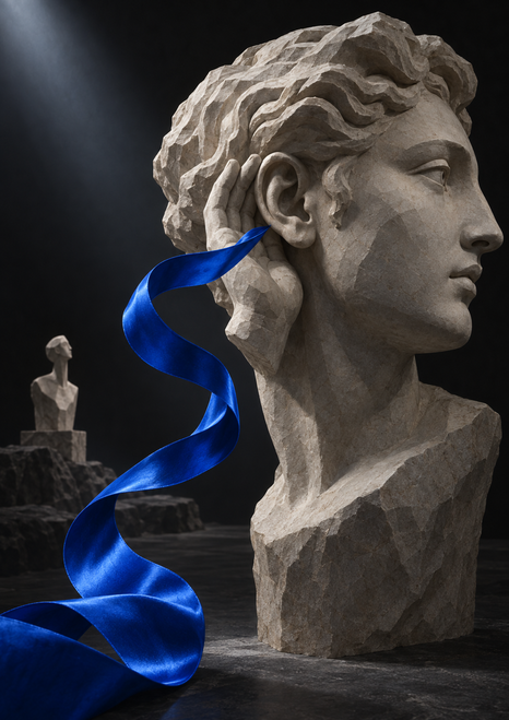 Pale faceted stone head in profile with a hand cupped at its ear, a curling cobalt ribbon, and a small distant bust.