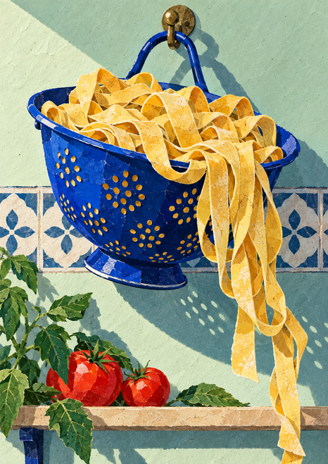 Collage-style kitchen artwork of a cobalt-blue colander hanging on a hook, overflowing with yellow pasta above tomatoes and leafy greens.