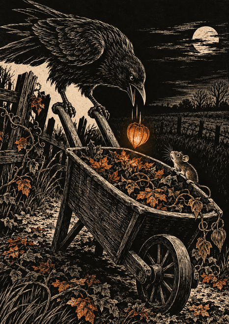Large crow gripping a wheelbarrow above leaves, with an orange glowing gourd near the tray and a mouse on the rim beneath a full moon.