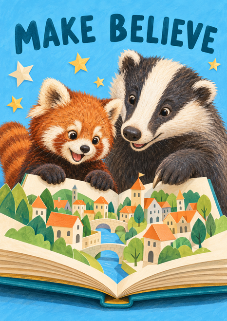 A red panda and badger lean over an open book showing a tiny village beneath paper stars and the heading MAKE BELIEVE.