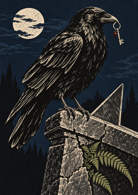 A black raven holds a small key in its beak while standing on cracked stonework with a triangular gnomon, fern and moonlit trees.