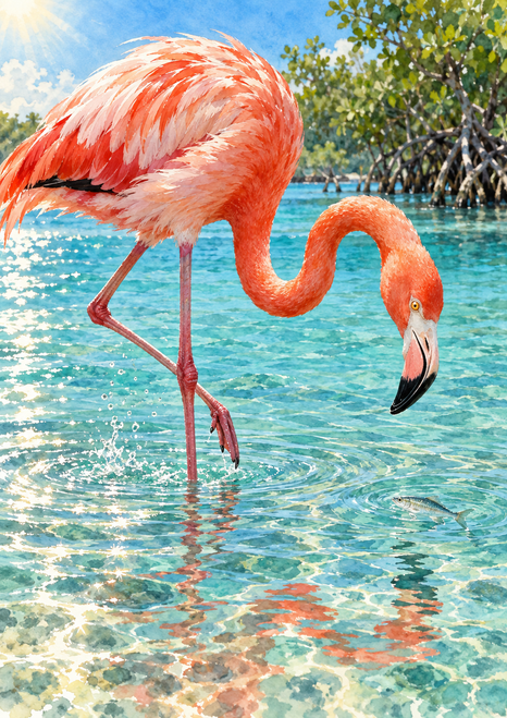 Pink-orange flamingo wading toward a small fish in turquoise water, with reflections and distant mangroves.