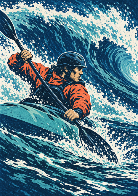 Helmeted kayaker in a coral-orange jacket with a double-bladed paddle amid a curling blue wave, above a turquoise kayak.