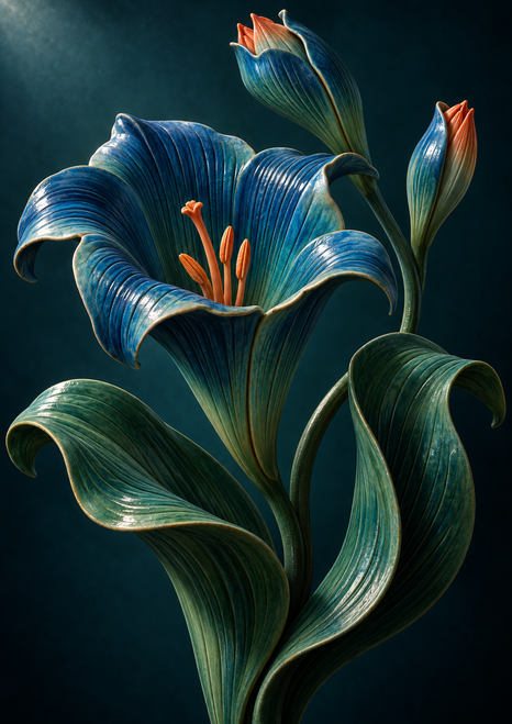 Sculptural blue trumpet flower with curling green leaves and two smaller upright flower forms against a dark teal background.