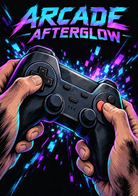 Hands hold a dark game controller with a red button as cyan and violet pixel-like sparks radiate against a near-black background.
